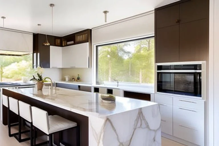 dvArchInteriorModern style, kitchen, center marble island, window to outside, subtle details, 24mm, f1.8, shadows, sunset lighting, wide angle, award winning architecture photography, diffused light, soft light