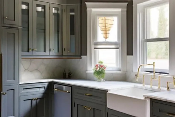 dvArchInteriorVictorian style, kitchen, center marble island, window to outside, subtle details, 24mm, f1.8, shadows, sunset lighting, wide angle, award winning architecture photography, diffused light, soft light