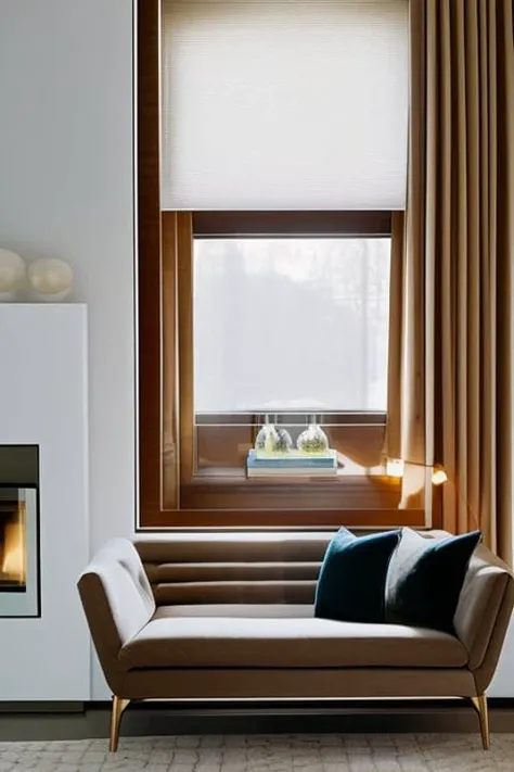 dvArchInteriorModern style, living room, couch, book shelf, window to outside, subtle details, 24mm, f1.8, shadows, sunset lighting, wide angle, award winning architecture photography, diffused light, soft light