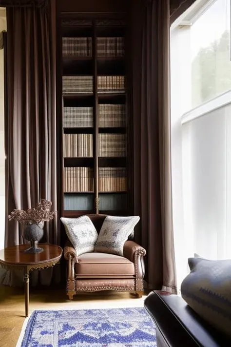 dvArchInteriorGothic style, living room, couch, book shelf, window to outside, subtle details, 24mm, f1.8, shadows, sunset lighting, wide angle, award winning architecture photography, diffused light, soft light