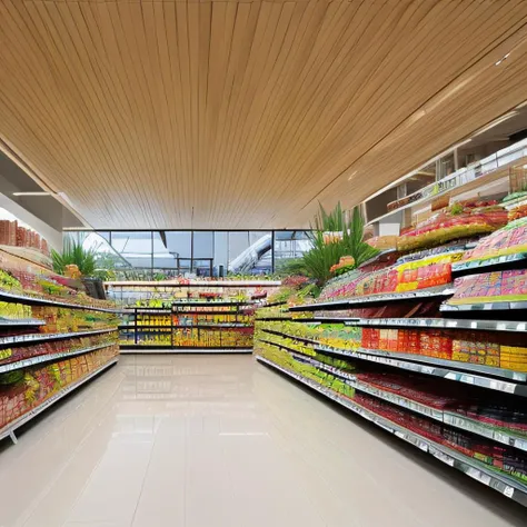 luxury super market store hyperealistic minimalistic modern, supermarket