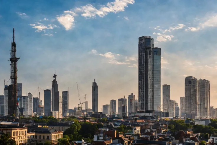 dvarchmodern style, an elegant very tall yellow tower towering over the city, made of glass and plastic, above the clouds, professional architecture photography, photo realistic, ornate, super detailed, intricate, dramatic lighting, shadows,