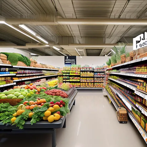 luxury super market store hyperealistic minimalistic modern, supermarket