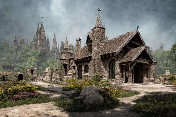 dvarchgothic style, an unusual little house located in a dark dungeon, made of stone and bronze and glass, an avant-garde witch's house, creepy and mysterious, fog, stones, darkness, professional architecture photography, photo realistic, ornate, super detailed, intricate, dramatic lighting, shadows,