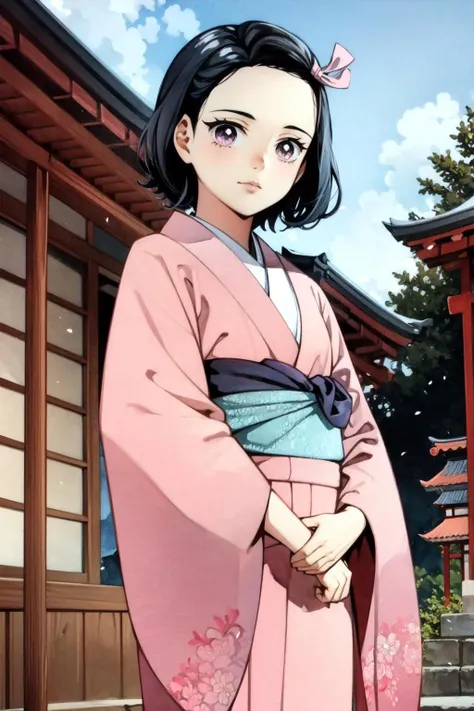 (watercolor \(medium\):1.2),flat color, akihiro yamada,nezukorps,1girl, solo,cowboy shot,black hair, short hair,purple eyes,white pupils,small breasts,pink kimono,(pink hair ribbon:1.1),slight smile,looking at viewer,forest,japanese architecture, shrine in the background, sky, pink petals,hand up,arm at side,nose,lips, (best quality, masterpiece) <lora:nezukorps_v1:1> <lora:akihiro_yamada_v1_cs2:1>