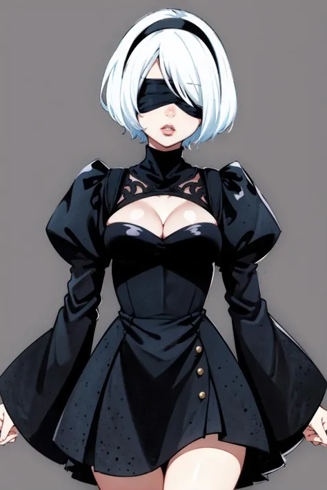 <lora:akihiro_yamada_v1_cs2:1> ,akihiro yamada,1girl, solo,cowboy shot, yorha no. 2 type b,white background,black hairband, white hair,black blindfold,blindfold,short hair,black dress, juliet sleeves, cleavage cutout,nose,lips,(best quality, masterpiece)