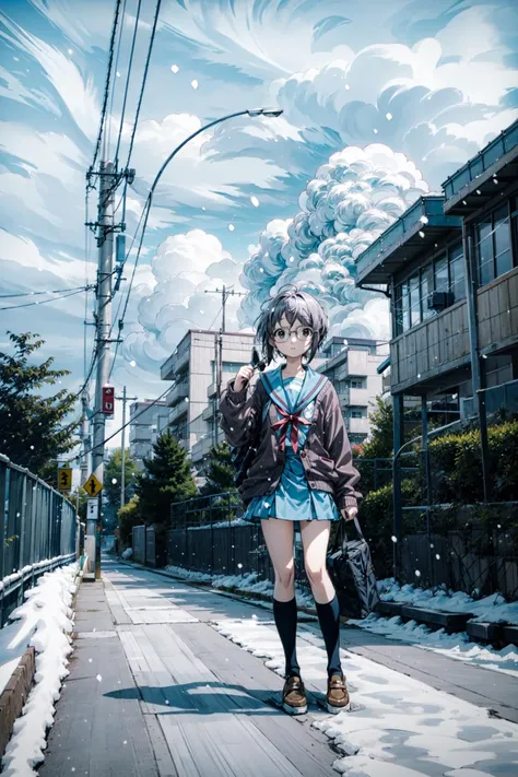 (masterpiece),(best quality),  <lora:AlternateYukiNagato:0.85>, 1girl, Yuki, blue skirt, cardigan, glasses, kneehighs, serafuku, winter uniform, snow, snowing, cloud, winter, close,  <lora:kitakoukou:0.6> ,haruhizaka, kitakoumae, scenery, kousaten1, outdoors, scenery, KitakouNishimon, Kitakou, , kitakouseimon, outdoors, scenery, <lora:Adddetail:0.7>