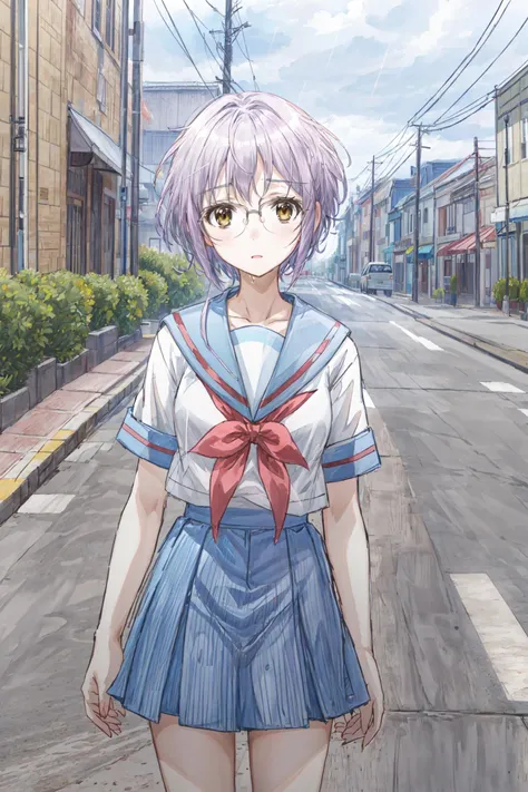 (masterpiece),(best quality), <lora:AlternateYukiNagato:0.85>, yuki, summer uniform, white shirt, glasses, blue skirt, kneehighs, serafuku, rains, raining, cloudy weather, street, town, cars, inexpressive face, <lora:Adddetail:0.7>