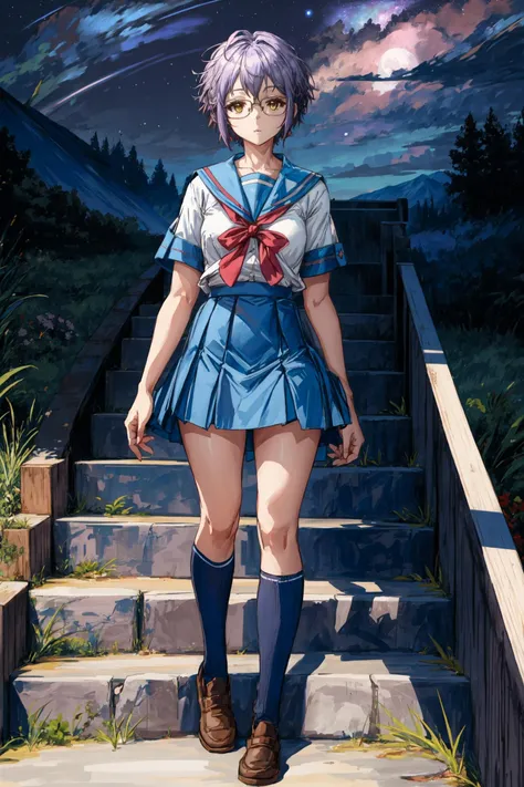 (masterpiece),(best quality),  <lora:AlternateYukiNagato:0.8>,  yuki, blue skirt, glasses, kneehighs, serafuku, summer uniform, stairs, temple, mountain, forest, night, milky way, star, looking at the viewer, <lora:Adddetail:0.7>