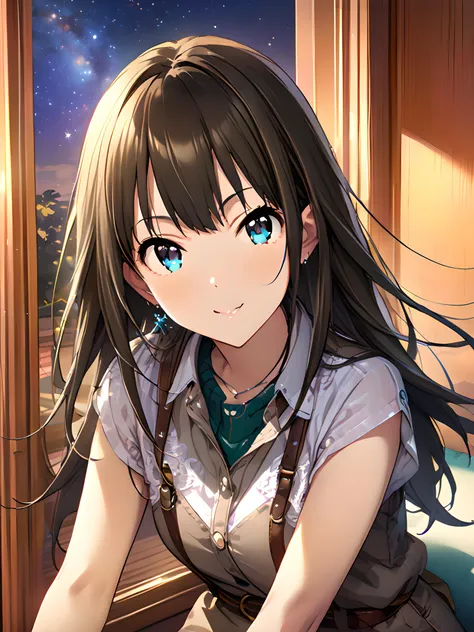 (masterpiece),(best quality),(ultra-detailed),(best illustration),(best shadow),(absurdres),(detailed background),(very aesthetic),rin shibuya, , casualoutfit, 1girl, solo, long hair, smile, brown hair, star (sky), starry sky, shirt, sitting, indoors <lora:rinshibuyav1:1>