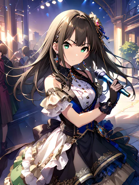 (masterpiece),(best quality),(ultra-detailed),(best illustration),(best shadow),(absurdres),(detailed background),(very aesthetic), rin shibuya, dressoutfit, gloves, brown hair, green eyes, long hair, 1girl, solo , dress, hair ornament, jewelry, earrings, microphone <lora:rinshibuyav1:1>