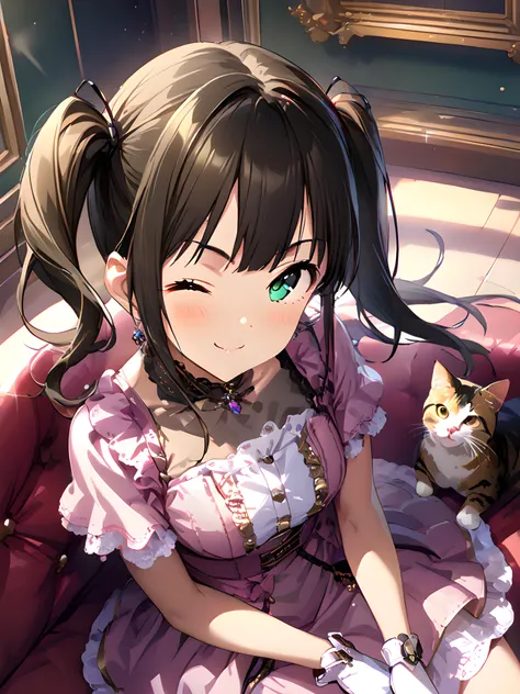 (masterpiece),(best quality),(ultra-detailed),(best illustration),(best shadow),(absurdres),(detailed background),(very aesthetic), rin shibuya, cutedress, 1girl, one eye closed, solo, gloves, dress, twintails, smile, looking at viewer, long hair, brown hair, cat, sitting on couch, green eyes, pink dress, <lora:rinshibuyav1:1>