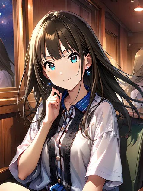 (masterpiece),(best quality),(ultra-detailed),(best illustration),(best shadow),(absurdres),(detailed background),(very aesthetic),rin shibuya, , casualoutfit, 1girl, solo, long hair, smile, brown hair, star (sky), starry sky, shirt, sitting, indoors, self reflection<lora:rinshibuyav1:1>