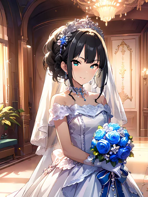 (masterpiece),(best quality),(ultra-detailed),(best illustration),(best shadow),(absurdres),(detailed background),(very aesthetic), rin shibuya, , weddingdress, 1girl, solo, dress, wedding dress, flower, bouquet, veil, bridal veil, gloves, seductive smile <lora:rinshibuyav1:1>