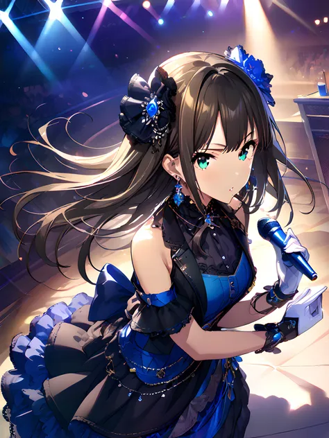 (masterpiece),(best quality),(ultra-detailed),(best illustration),(best shadow),(absurdres),(detailed background),(very aesthetic), rin shibuya, dressoutfit, gloves, brown hair, green eyes, long hair, 1girl, solo , dress, hair ornament, jewelry, earrings, microphone <lora:rinshibuyav1:1>