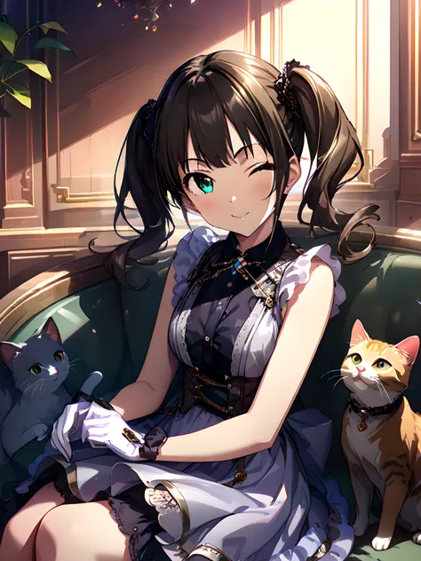 (masterpiece),(best quality),(ultra-detailed),(best illustration),(best shadow),(absurdres),(detailed background),(very aesthetic), rin shibuya, cutedress, 1girl, one eye closed, solo, gloves, dress, twintails, smile, looking at viewer, long hair, brown hair, cat, sitting on couch, green eyes, <lora:rinshibuyav1:1>