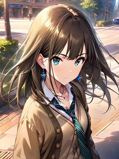 (masterpiece),(best quality),(ultra-detailed),(best illustration),(best shadow),(absurdres),(detailed background),(very aesthetic), rin shibuya, casualoutfit, 1girl, solo, long hair, jewelry, brown hair, necktie, necklace, school uniform, cardigan, earrings, upper body view, <lora:rinshibuyav1:1>