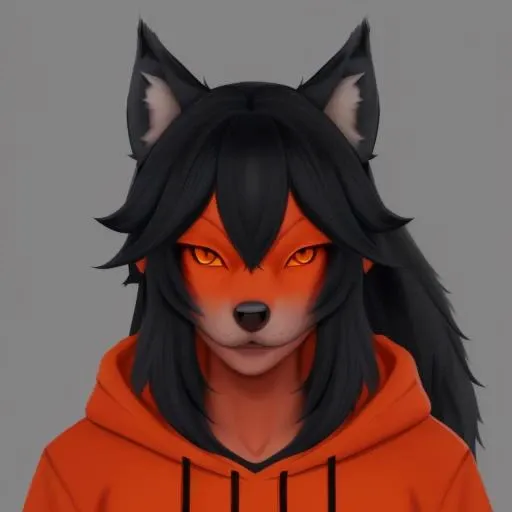 4k, 8k, anthro, anthro wolf, anthro wolf girl, wolf_ears, orange_eyes, fair_skin, black_hoodie, black_hair, ponytail, digital art, masterpiece, portrait, kemono