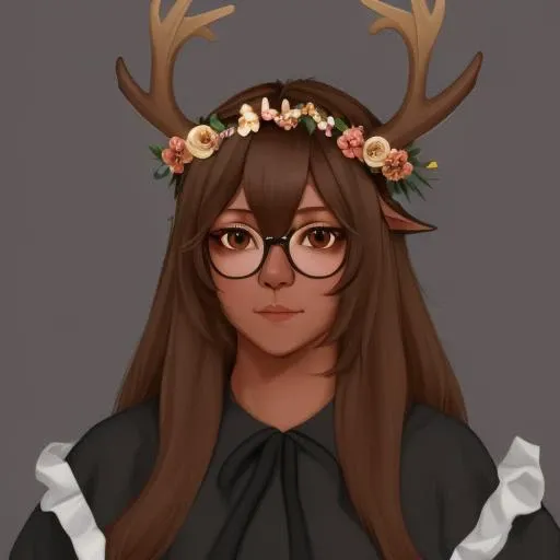4k, 8k, anthro, anthro deer, anthro deer girl, deer_ears, black_eyes, brown_skin, brown_hair, straight_hair, digital art, masterpiece, portrait, kemono, glasses, flower_crown, antlers, black_dress, fullbody