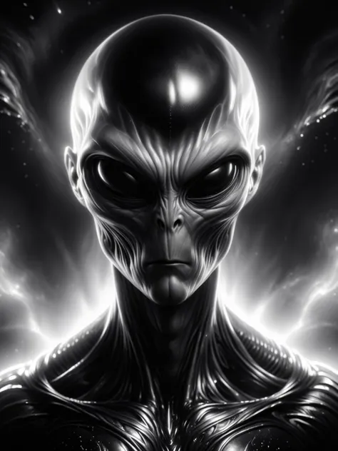 (masterpiece), 1man, gimenez black and white drawing bald, upper body shot, supermutant, OverallDetail, iconic pose,, HDR, highly detailed, 32k, white background, evil aura light, perfect face feature, <lora:Abyssal_Tech_XL:1> abyssaltech , dissolving, abyss <lora:alienzkin:1> alienzkin