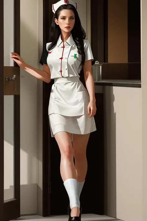 masterpiece,best quality,highres,realistic,1girl,solo focus,photorealistic,full body,<lora:evelyn:0.6>,long_hair,black_hair,nurse_cap,nurse,