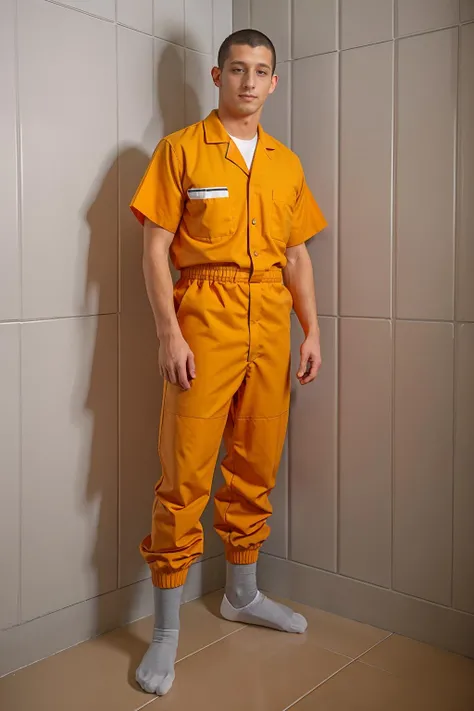 a black boy sitting in a chair in an orange prison uniform