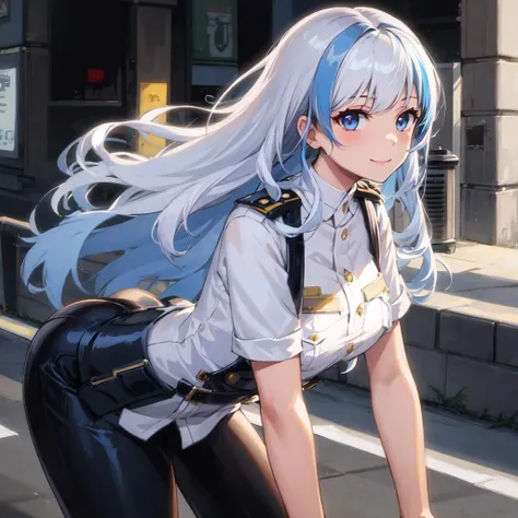best quality, masterpiece,1girl,white hair, blue streaked hair,light smile, bent over,long hair, police uniform,