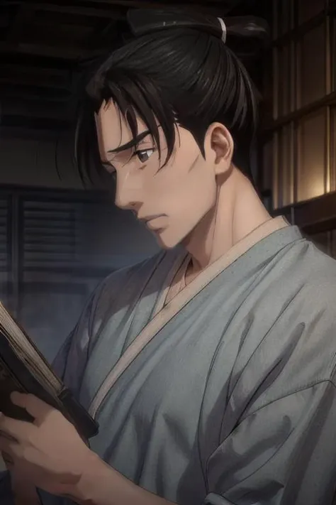 masterpiece,((bestquality)),8k,high detailed,ultra-detailed,depth of field,wide angle,volumetric lighting,Soft illuminaotion,front lighting,from the right,Anime Style,
1boy,<lora:Sugishita_Lora-000001:1>,sugishita,adult,embarrassed,global illuminations,moody lighting,stare,
male focus,solo,arched back,handsome face,<lora:add_detail:1>,izakaya,holding book,
