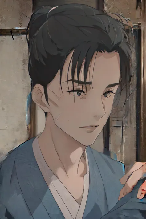 1boy, Sugishita, <lora:Sugishita_Lora:1.2>, solo, male focus, handsome face, black hair, Neutral Pose, Neutral Expressions, mature male, portrait, cinematic lighting, ((masterpiece)),((bestquality)),8k,high detailed,ultra-detailed,middle-aged face, Menga,Japanese kimono,