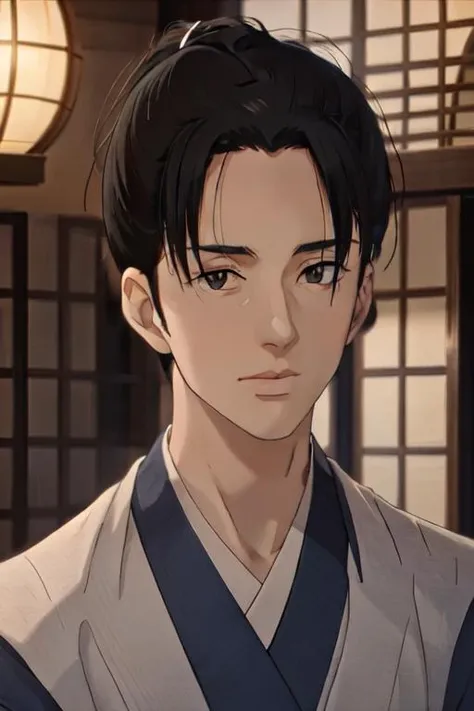 1boy, Sugishita, <lora:Sugishita_Lora:1>, solo, male focus, handsome face, black hair, Neutral Pose, Neutral Expressions, light smile, friendly, mature male, portrait, cinematic lighting, Japanese cloth,, ((masterpiece)),((bestquality)),8k,high detailed,ultra-detailed,middle-aged,