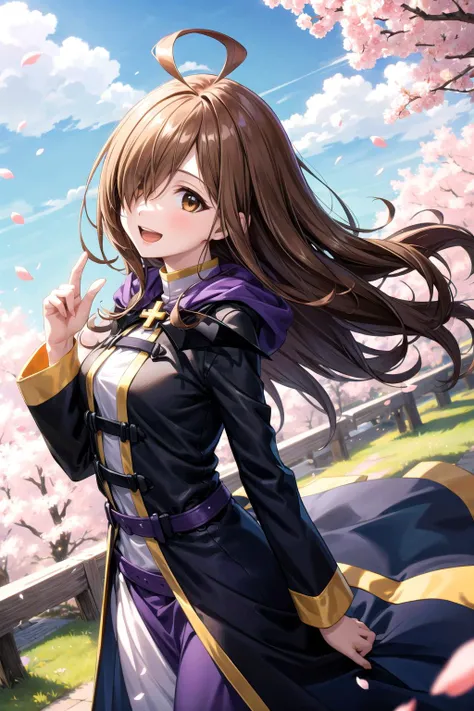 solo, mature female, grimace, light brown hair, okappa, golden eyes, dark purple yellow raincoat, bright, Statice \(flower\), floral background <lora:wada_arco_style_v01:1>
