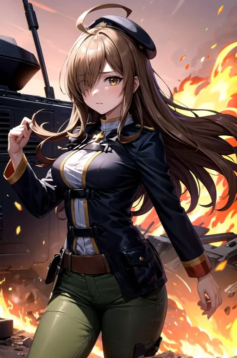 (masterpiece, best quality, detailed), 1girl, solo, wizrnd, brown hair, long hair, hair over one eye, ahoge, brown eyes, looking at viewer,
military uniform, military, soldier, belt, green pants, metal, beret, black jacket, world war ii, war, military vehicle, battlefield, battle, dust, smoke, burning, fire, red sky, explosion, contrapposto, serious
