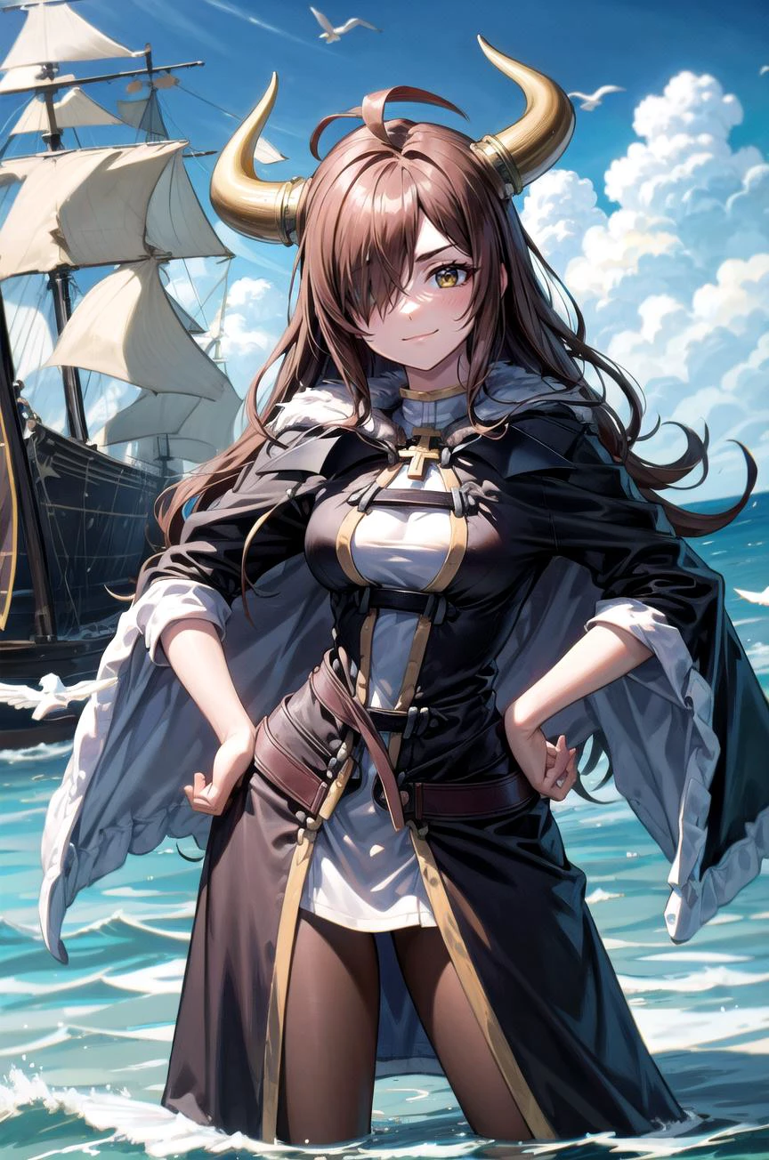 (masterpiece, best quality, detailed), 1girl, solo, wizrnd, brown hair, long hair, hair over one eye, ahoge, brown eyes, looking at viewer,
<lora:AncientVikings:0.9>, ancient viking, viking helmet, horned helmet, fur trim, helmet, ship, ocean, waves, seagull, cloudy sky, hands on hips, smug, closed mouth, v-shaped eyebrows