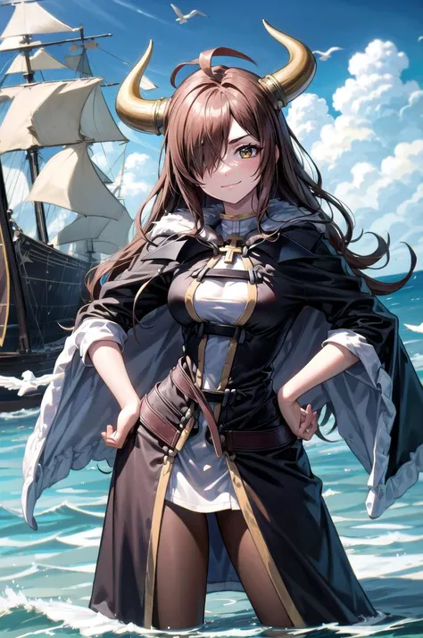 (masterpiece, best quality, detailed), 1girl, solo, wizrnd, brown hair, long hair, hair over one eye, ahoge, brown eyes, looking at viewer,
<lora:AncientVikings:0.9>, ancient viking, viking helmet, horned helmet, fur trim, helmet, ship, ocean, waves, seagull, cloudy sky, hands on hips, smug, closed mouth, v-shaped eyebrows