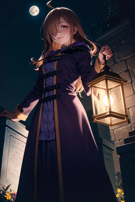 1girl, solo, wizrnd,
brown hair, long hair, ahoge, hair over one eye,
brown eyes, looking at viewer,
smile,
nude,
dress, purple dress, long dress, cross, long sleeves,
gravestone, tombstones, graveyard, (night, dark:1.2), darkness, moon, holding lantern, lantern, ambient lighting, volumetric lighting, soft lighting, from below,
<lora:Wiz - Konosuba v1:1>