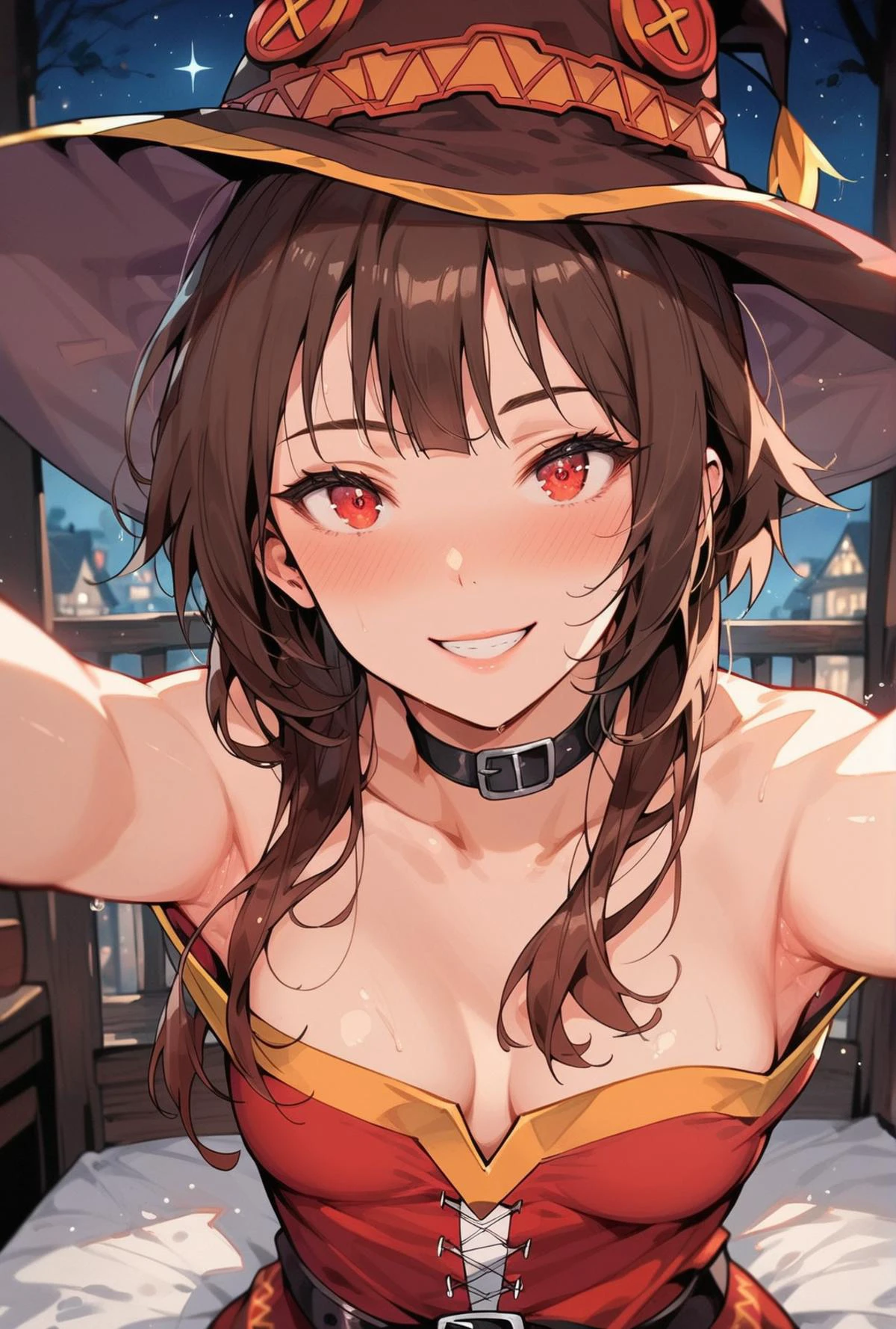 score_9, score_8_up, score_7_up, Expressiveh, ultra detailed, one sexy girl shows her cleavage, solo, cute, delicate and beautiful face, small breasts, selfie, night sky, (pov:0.9),, armpit, <lora:EnvyPonyPrettyEyes01:0.8>, smiling , beautiful detailed iris, looking at viewer, dramatic night sky, teasing, <lora:Megumin:1>, megumin, 1girl, solo, red eyes, blush, witch hat, red dress, brown hair, medieval city background, <lora:hentai_anime_style_pony_v2:1>, <lora:Expressive_H:1>