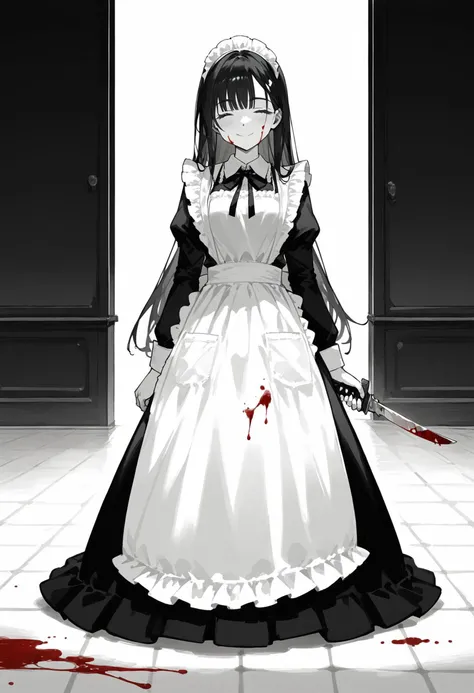 score_9, score_8_up, score_7_up, artistic image of a smiling maid, minimalistic style, (monochrome, black and white, grayscale, manga lineart), detailed face,  standing, [full body], (feet out of frame, close up), long hair, black hair, side bangs, ((closed eyes)), looking at viewer, smile, smiling,  maid dress, black dress, long dress, very long skirt, long sleeves,  frills,  apron, maid apron, waist apron, white apron, long apron, frilled apron,  neck ribbon, large ribbon,  holding a dish, (holding a knife), ((black stains on apron, black stains on floor, black stains on face, ink trail on a floor)),  from the front, (masterpiece, best quality, highres, minimal details, extremely clear, 8k, high resolution scan:1.0), (simple background, white background)   BREAK  line art drawing, flat coloring, cel shaded, cel shading, illustration, vector illustration, vector coloring, a blend of light and shadow. masterpiece, absurdres,  intricate details, professional, sleek, minimalist, graphic, line art, vector graphics, , <lora:Concept Art Twilight Style SDXL_LoRA_Pony Diffusion V6 XL.safetensors:0.8:0.8> <lora:hentai_anime_style_xl_v1.safetensors:0.6:0.6> <lora:Expressive_H-000001.safetensors:0.8:0.8>;