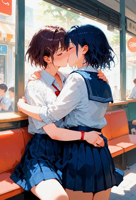 2girls, kissing, yuri, romantic, torogao, sitting, standing, hug, hug from behind, street cafe, hand on another's shoulder, hand on another's wrist, kiss, short hair, long hair, closed eyes, open eyes, handholding, school uniform, long skirt, pleated skirt, blue skirt, white shirt, , <lora:xl_more_art-full_v1.safetensors:0.65:0.65> <lora:hentai_anime_style_pony_v2.safetensors:0.8:0.8> <lora:Concept Art Twilight Style SDXL_LoRA_Pony Diffusion V6 XL.safetensors:0.8:0.8> <lora:Expressive_H-000001.safetensors:0.8:0.8> <lora:Fant5yP0ny.safetensors:0.8:0.8> <lora:Pony_DetailV2.0.safetensors:0.8:0.8>