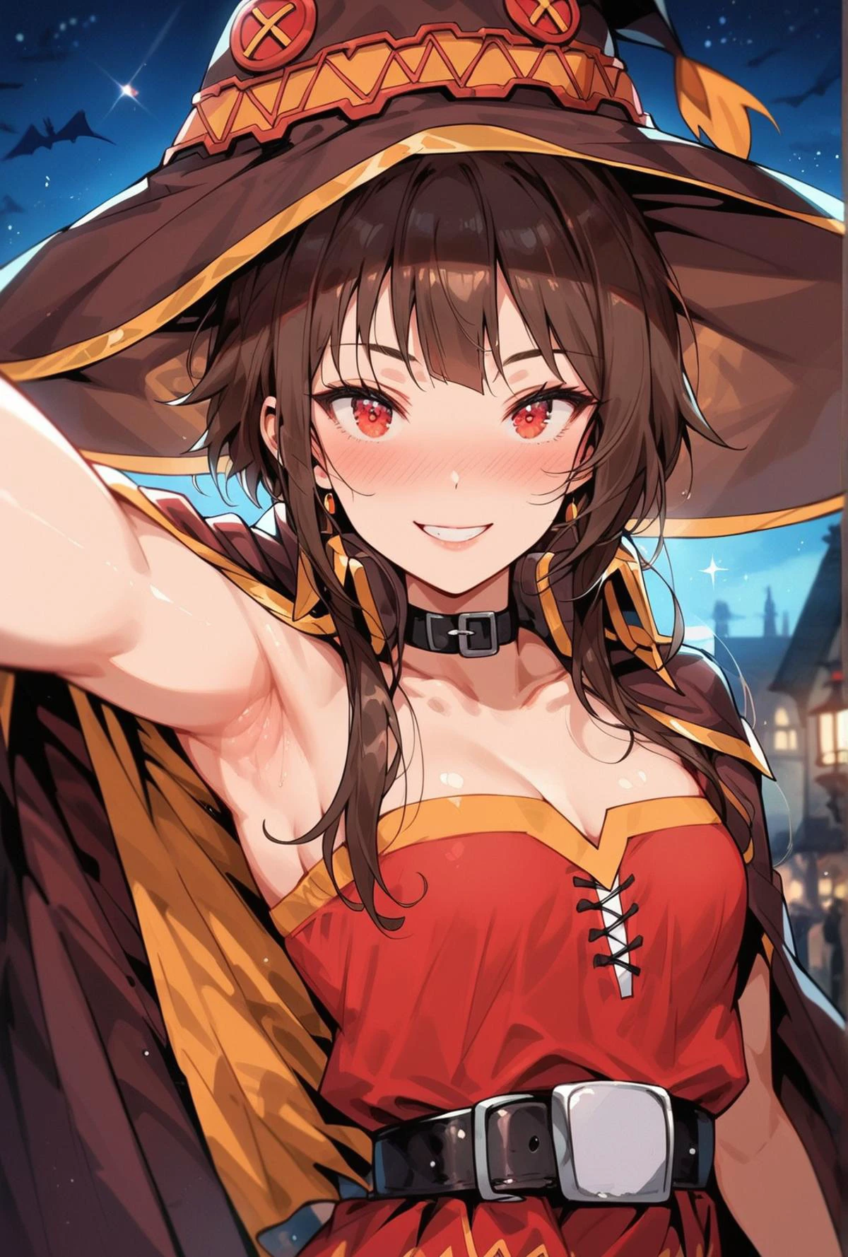 score_9, score_8_up, score_7_up, Expressiveh, ultra detailed, one sexy girl shows her cleavage, solo, cute, delicate and beautiful face, small breasts, selfie, night sky, (pov:0.9),, armpit, <lora:EnvyPonyPrettyEyes01:0.8>, smiling , beautiful detailed iris, looking at viewer, dramatic night sky, teasing, <lora:Megumin:1>, megumin, 1girl, solo, red eyes, blush, witch hat, red dress, brown hair, medieval city background, <lora:hentai_anime_style_pony_v2:1>, <lora:Expressive_H:1>