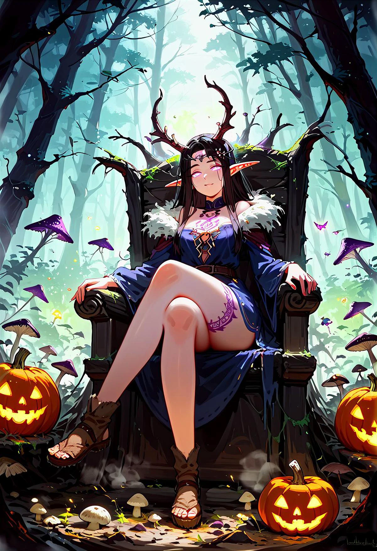 score_9, score_8_up, score_7_up, 1girl, night elf, sitting, sitting undrer a tree, crossed legs, long hair, short skirt, loose, furs, fur clothes, primal hunter outfit, glowing eyes, public tattoo, forest witch, pets, pumpkins, werewolf, giant carnivore tree, enchanted fantasy treehouse at background, glowing green fog background, forest throne, mushrooms, fireflies, moss, score_6_up, uncensored, rating_questionable, rating_explicit, very aesthetic,(intricate details), (hyperdetailed), (soft focus:1.1), 8K,masterpiece, best quality , <lora:xl_more_art-full_v1.safetensors:0.65:0.65> <lora:neg4all_bdsqlsz_xl_V7.safetensors:0.8:0.8> <lora:hentai_anime_style_xl_v1.safetensors:1:1> <lora:RMSDXL_Enhance.safetensors:1:1> <lora:Concept Art Twilight Style SDXL_LoRA_Pony Diffusion V6 XL.safetensors:0.8:0.8>;