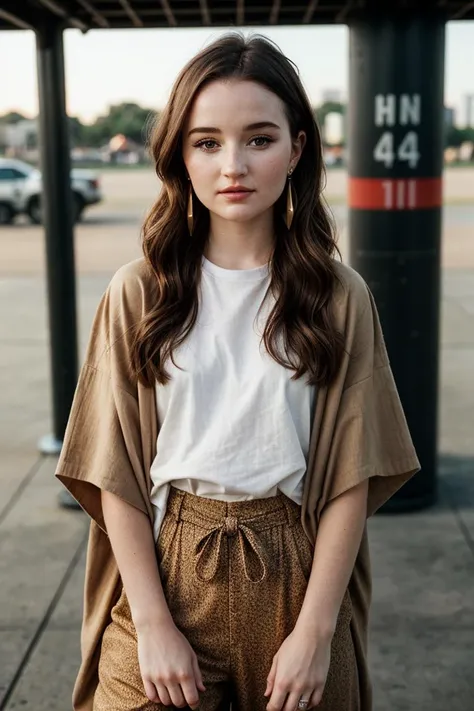 photo of (kd3v3r-135:0.99), closeup portrait, perfect hair, portrait, (modern photo, Camel Kimono, Palazzo Pants), 24mm, (analog, cinematic, film grain:1.3), (A bustling, modern skateboard park, filled with sleek ramps and a dynamic, lively vibe), ((detailed eyes)), (seductive pose), (epicPhoto), earrings