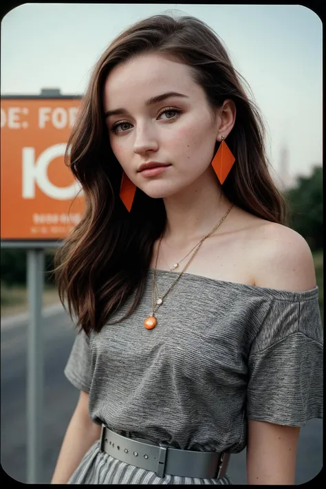 photo of (kd3v3r-135:0.99), closeup portrait, perfect hair, posing, (modern photo, one-shoulder Metallic Gray striped shirt), (polaroid frame), 24mm, (analog, film, film grain:1.3), (plain Road Sign Orange background, gradient), ((detailed eyes)), (seductive pose), (epicPhoto), earrings
