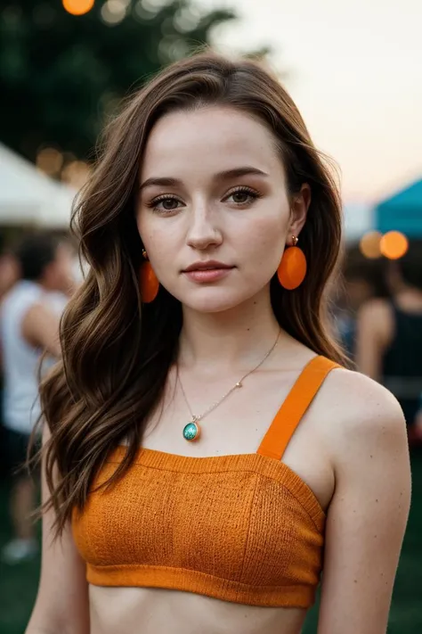 photo of (kd3v3r-135:0.99), closeup portrait, perfect hair, portrait, (modern photo, Goldfish Orange crop top), 24mm, (analog, cinematic, film grain:1.3), (A vibrant outdoor dance party, featuring live DJs and electronic music in an open-air setting), ((detailed eyes)), (seductive pose), (epicPhoto), earrings