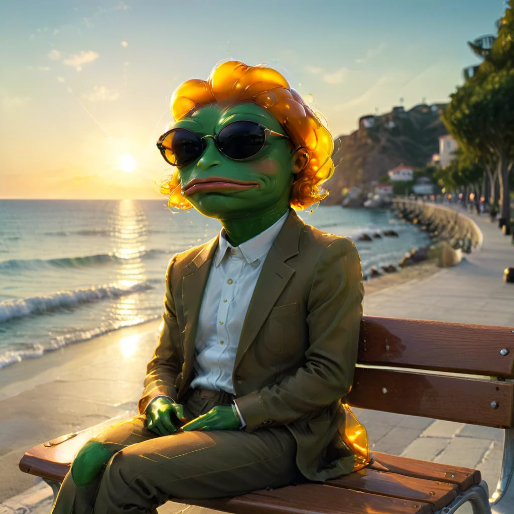 ambr1 acidzline pepe_frog relaxing on a bench, promenade near the ocean, suit, sunglasses, lighting creates a peaceful atmosphere <lora:pepe_frog SDXL:0.8> <lora:ambr1:0.8> <lora:acidzlime-sdxl:0.8> <lora:xl_more_art-full_v1:0.8>