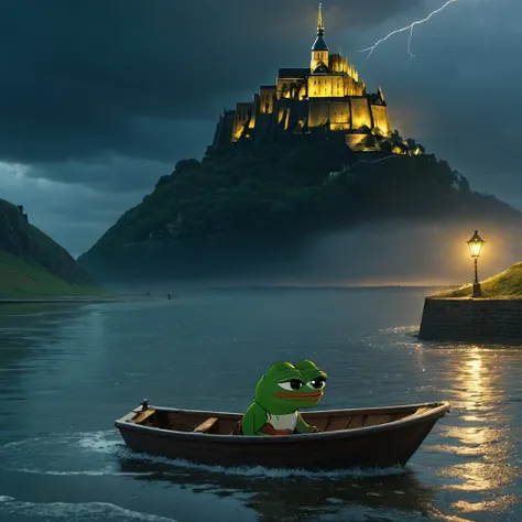 (masterpiece), high detail, absurdres, chibi, (pepe_frog:1.1), very funny, fishing in a boat, france, mont_saint_michel, stormy weather, (RAW, 8k, uhd),masterpiece.<lora:pepe_frog SDXL:1.2>