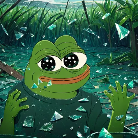 A hurricane-ravaged environment with lots of broken glass and scattered items, (((pepe_frog))), 1 boy <lora:pepe_frog SDXL:1.2>