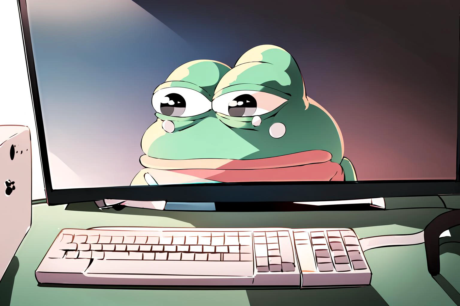 1boy, (pepe the frog:1.2), <lora:pepeFrog_pepeFrog:1.2>, monitor, sad, sitting, t-shirt, chibi, pepe_frog, crying, computer, keyboard \(computer\), tears,