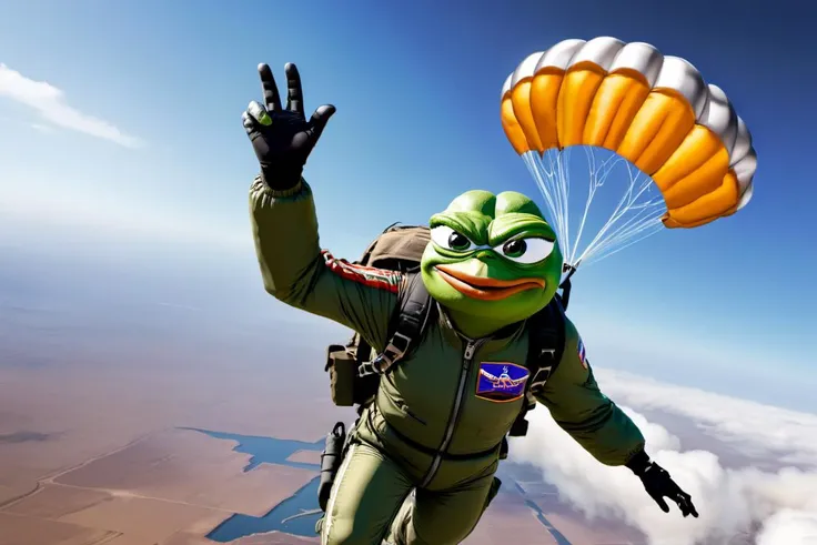 Skydiving pepe jumping out of exploding aircraft, bomber jacket, flight goggles, combat boots, military cargo pants, crazed expression
<lora:pepe_frog SDXL:1>