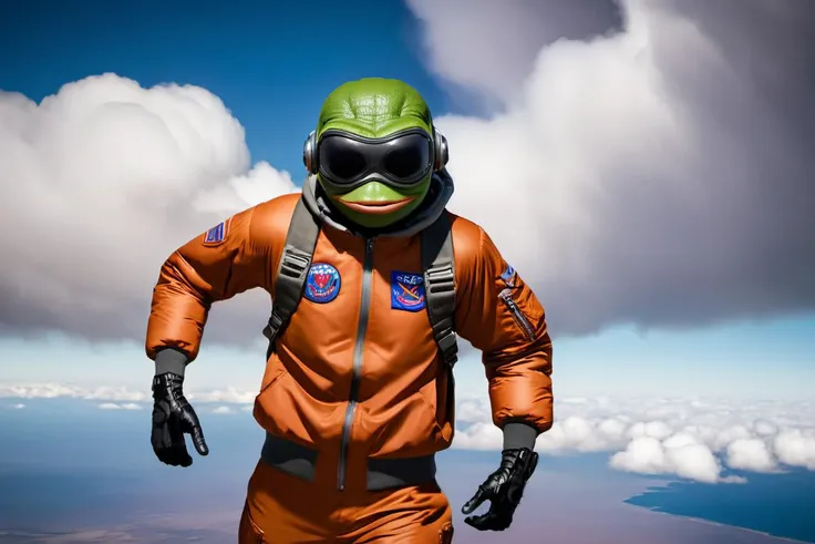 Skydiving pepe jumping out of exploding aircraft, bomber jacket, flight goggles, combat boots, military cargo pants, crazed expression
 <lora:pepe_frog SDXL:1>
