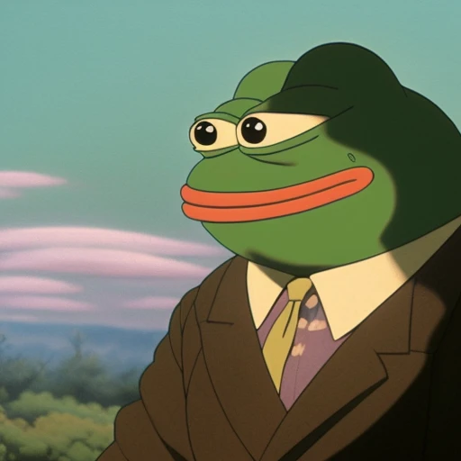 pepe_frog, portrait of a Deliriously happy and screaming Kermit the frog in Society (1989), highly detailed, centered, solid color background, digital painting, artstation, concept art, smooth, sharp focus, illustration, artgerm, donato giancola, Joseph Christian Leyendecker, Les Edwards, Ed Repka, WLOP, Artgerm , by studio ghibli , cartoon, <lora:pepe_frog:1>